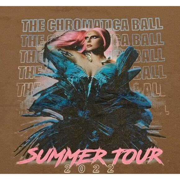 Y2K Lady Gaga Chromatica Ball Tour Summer 2022 Graphic T-Shirt Brown Size Medium - Picture 2 of 5
